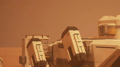 Mars rover explores the Martian surface during a dust storm in the evening Stock Footage 343515696