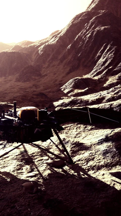 Mars rover explores the rugged landscape under the bright sun Stock Footage 334184848