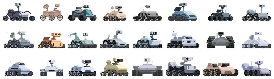 Mars rover icons set. Collection of autonomous mars rovers exploring martia.. Stock Illustration