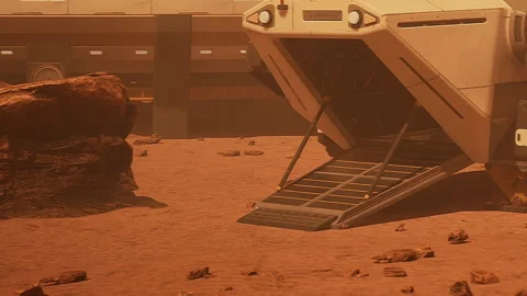 Mars rover lands on surface and prepares for exploration in rocky terrain Stock Footage 344393730