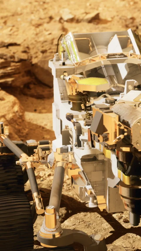 Mars rover performs exploration work on the surface of the red planet Stock Footage 336175414