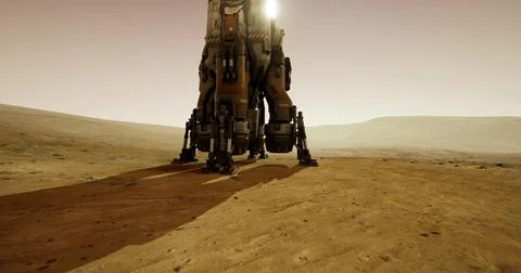 Mars rover prepares for exploration of the Martian landscape at sunset 스톡 일러스트