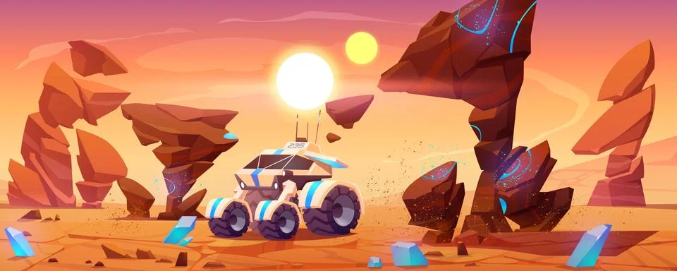 Mars rover on red planet surface explore landscape Stock Illustration