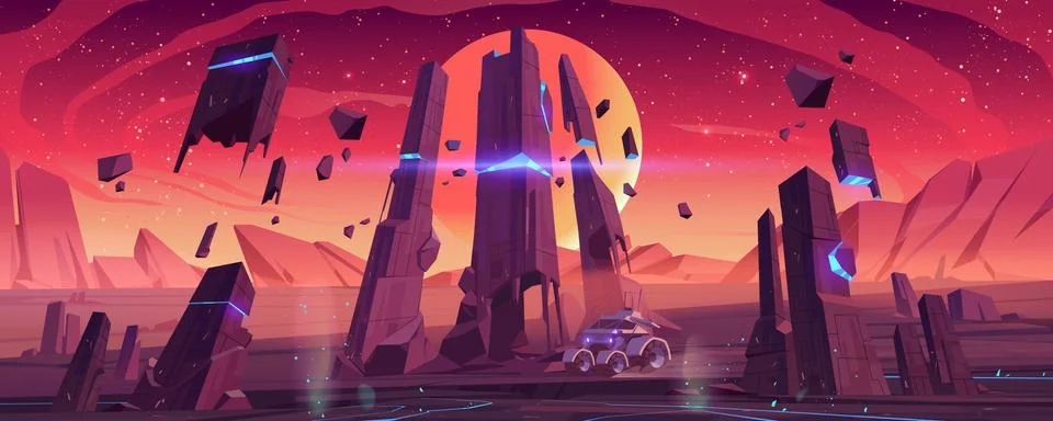 Mars rover on red planet surface explore space Stock Illustration