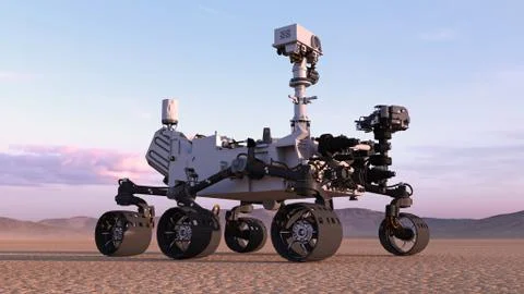 Mars Rover, robotic autonomous space vehicle on a deserted planet with hills Stock Illustration
