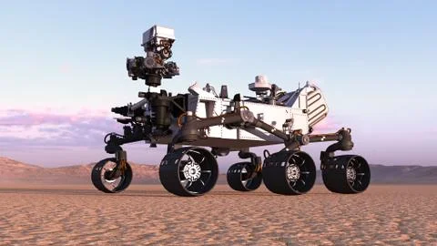 Mars Rover, robotic space autonomous vehicle on a deserted planet, 3D render Illustrazione stock