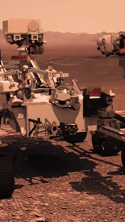 Mars rover with scientific equipment exploring red planet surface. Stock Footage 311007722