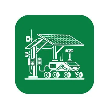 Mars rover with solar panel power station icon in green for space exploration Stock Illustration