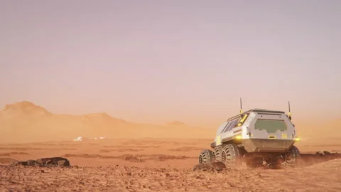Mars rover travelling on the surface of Mars towards the habitat Stock Footage 139647405