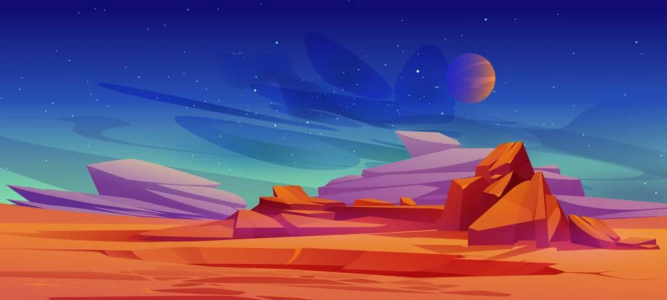 Mars surface, alien planet cartoon landscape view Stock Illustration