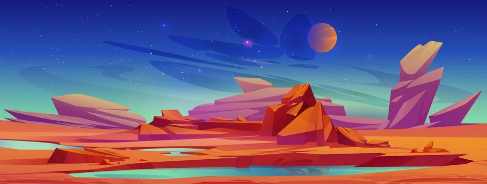 Mars surface, alien planet landscape with pond Stock Illustration