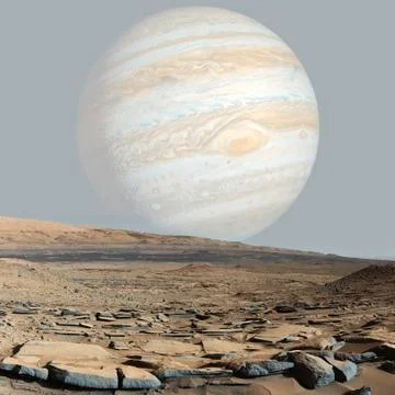 Mars surface with jupiter view. Elements of this image furnished by NASA Stock Illustration