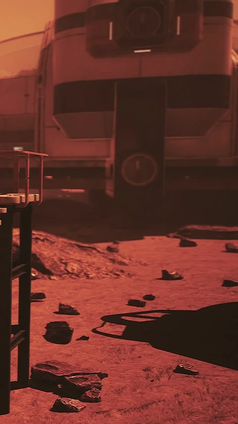 Mars surface with rover and rocks near space habitat in the afternoon Stock Footage 335357386