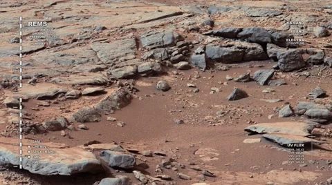 Mars surface rover scanning landscape features while panning. Stock Footage 49669283