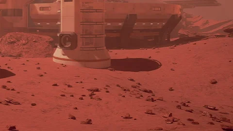 Mars surface with a structure during a dust storm in the distant future Stock Footage 345054517