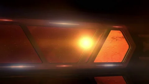 Mars in the windows of an approaching spaceship. Stock Footage 124734171