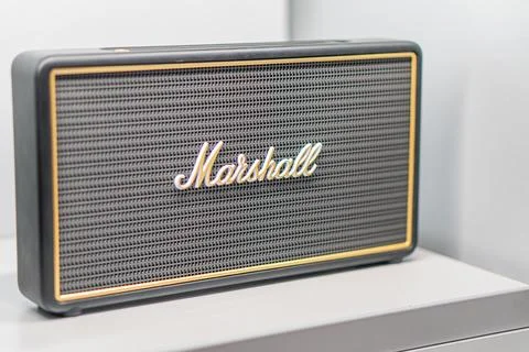 Marshall amplifier on gray background, classic design with gold accents, blac Stock Photos