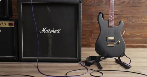 Marshall guitar amplifiers in a studio Stock Footage 166930154