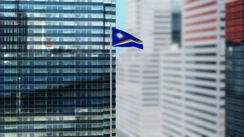 Marshall Islands Flag 3D Render Animation on Pole with Modern City Buildings Stockbeeldmateriaal 332949224