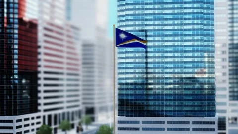 Marshall Islands Flag 3D Render Animation Waving in Front of Modern Glass Bu Stock-Footage 332950039