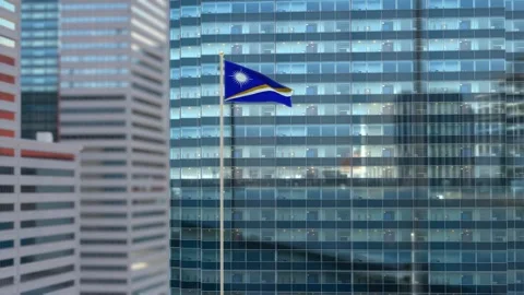 Marshall Islands Flag 3D Render Animation Waving Against Glass Office Buildi Stock Footage 333029376