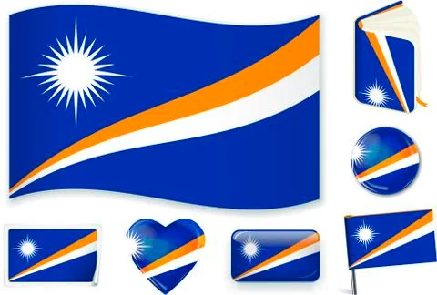 Marshall Islands flag wave, book, circle, pin, button, heart and sticker. Stock Illustration