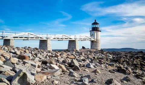 Marshall Point Lighthouse as seen from the rocks in Port Clyde, Maine Stock Photos
