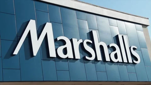 Marshalls department store logo on front entrance wall, white on blue Stock Footage 249099800