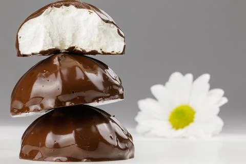 Marshmallow covered with chocolate in a stack on a gray background with a flower Stock Photos