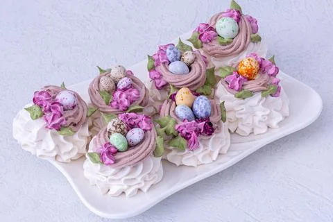 Marshmallow dessert for Easter on a light background Stock Photos