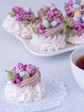 Marshmallow dessert for Easter on a light background Stock Photos