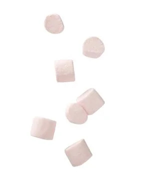 Marshmallow falling isolated on white background with clipping path Stock Photos