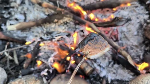 Marshmallow over fire close up camping vacation outdoors cooking roasted meal Stock Footage 277096008