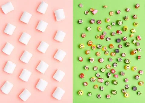 Marshmallow pattern, top view flat lay on colorful background Stock Photos