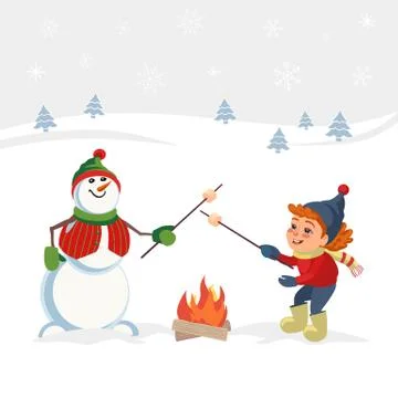 Marshmallow roast on winter campfire vector poster Stock Illustration