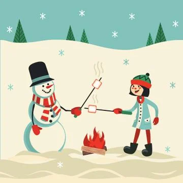 Marshmallow roast on winter campfire vector poster Stock Illustration