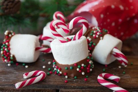 Marshmallows with chocolate Stock Photos