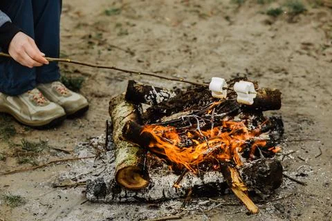 Marshmallows extended over a camp fire to roast Stock Photos