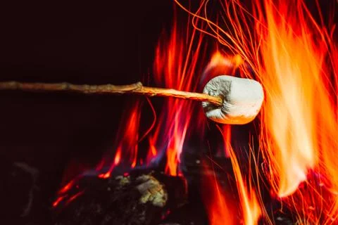 Marshmallows over a campfire close up Stock Photos