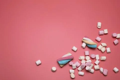 Marshmallows on the pink background, with free space for text. Stock Photos