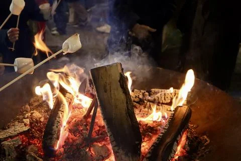 Marshmallows roasting over fire Stock Photos
