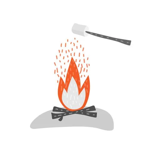 Marshmallows on stick over bonfire. Black firewood burn in red fire. Marshmallow Stock Illustration