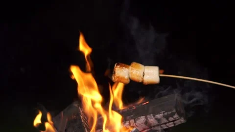 Marshmallows On A Stick Roasting Over Campfire On Black Background. People Stock Footage 165700767