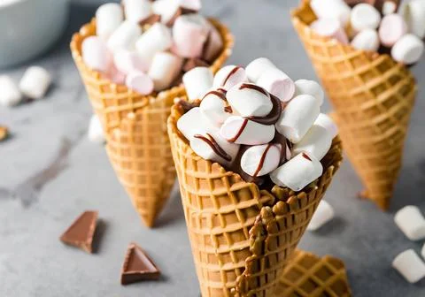 Marshmallows in a waffle cone Stock Photos