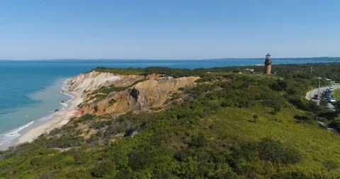 Martha's Vineyard Coast, Ocean, Lighthouse, Aerial Drone Stock Footage 102398944