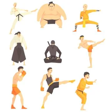 Martial Arts Fighters Performing Different Technique Kicks Set Of Asian Fighting Stock Illustration