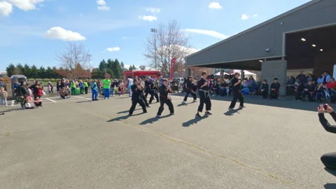 Martial arts team performing a synchronized demonstration at a public e garden 5 Stock Footage 340308052