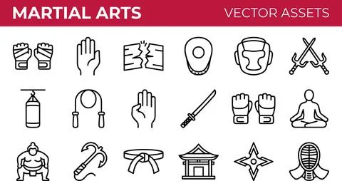 Martial Arts Vector Assets - Comprehensive Line Icon Set for Training and C.. Stock Illustration
