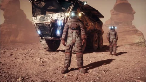 Martian, astronauts on mars planet. Rover transport. Realistic 4k animation. 動画素材 246646583