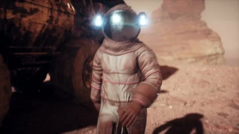 Martian, astronauts on mars planet. Rover transport. Realistic 4k animation. Video stock 246646626